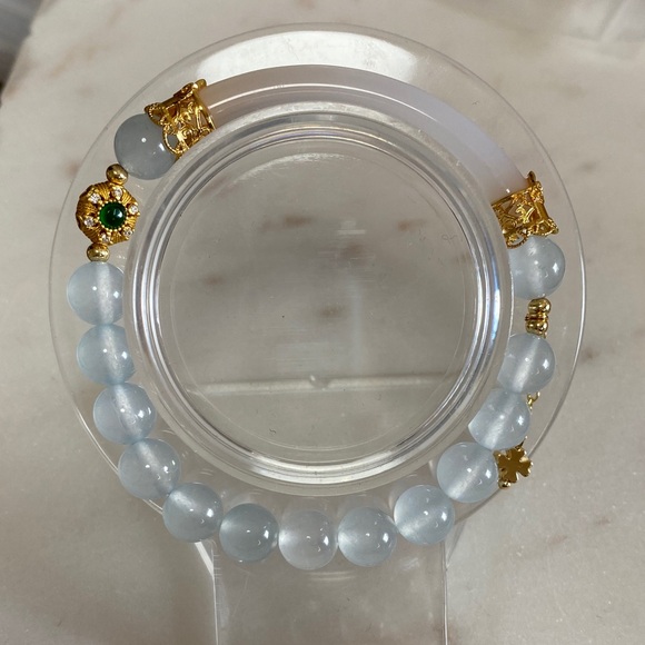 Jewelry - Natural White Agate & Aquamarine Half Bangle Bracelet - Handcrafted Artisan